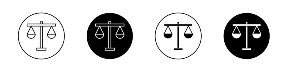 Balance scale icon set. justice equal integrity vector symbol. judicial legal sign. weight comparison icon. Law court judgment symbol in black filled and outlined style.