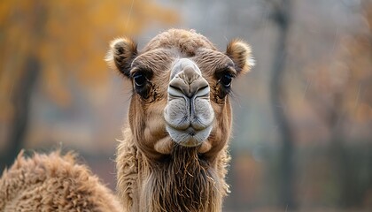 Obraz premium Portrait of a camel in the autumn park. Close-up.