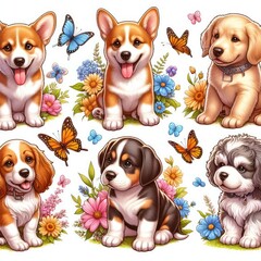 Many puppies with butterflies and flowers art photo attractive harmony illustrator.