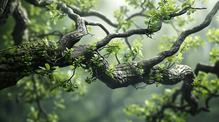 Ancient tree branches, gnarled and green, reaching into a misty forest.
