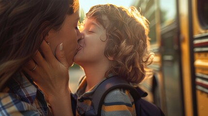 A mother and her son share a loving kiss goodbye as he heads off to school.