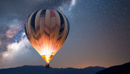 stunningly colorful hot air balloon gracefully floating against the backdrop of a starry night sky. The intricate details of the balloon's design against the dark canvas of the night, background