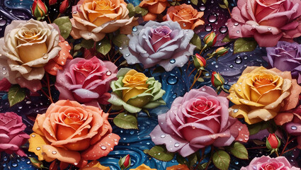 Water drops on a beautiful colorful rose flowers gardens background design wallpaper