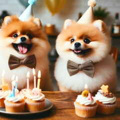 Two dogs wearing hats and bow ties and bow ties sitting at a table with cupcakes art realistic lively has illustrative meaning illustrator.