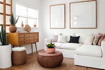 Poster frame mockup in living room with Boho style, home interior mockup, frame mockup