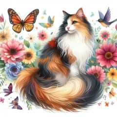 A cat and butterflies in a garden attractive lively card design illustrator