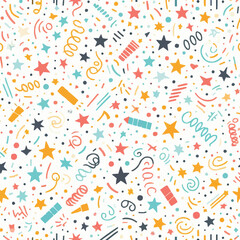 Hand-drawn simple sprinkle seamless pattern. Bright color confetti, stars on white background. Vector Illustration for holiday, party, birthday, invitation