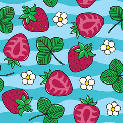 Pattern with cute strawberries and leaves on striped background