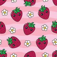 A pattern with cute kawaii strawberries on a striped background