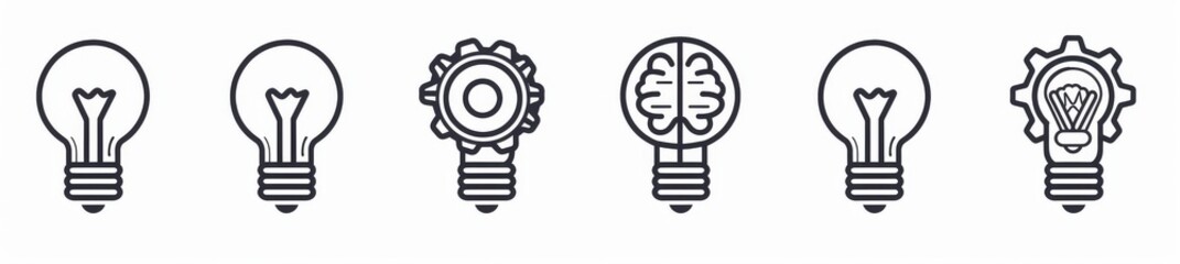 Set of lightbulb icons with gears, brain and code