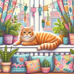 A cat lying on a window sill photo photo attractive harmony illustrator.