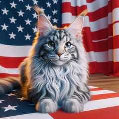 A cat lying on American flag realistic photo attractive card design illustrator