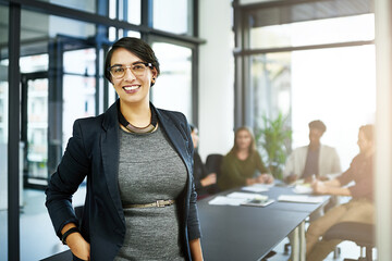 Business woman, manager and portrait with public relations worker and team in office. Startup,...