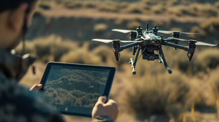 Operator directs drone's movements on tablet, eyes on situational awareness.