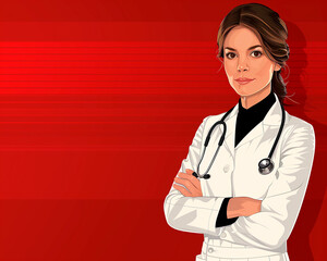 A woman in a white lab coat stands in front of a red background