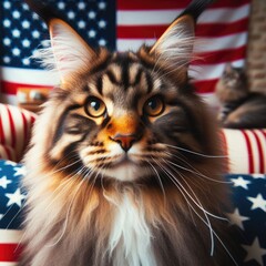 A cat sitting on a chair with American flag behind it realistic harmony lively used for printing illustrator