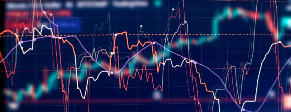 Technical price graph and indicator, red and green candlestick chart on blue theme screen, market volatility, up and down trend. Stock trading, crypto currency background.