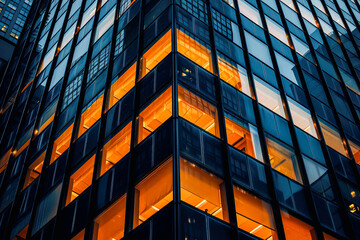 Photography of modern building in New York City, minimalistic, dark with amber light