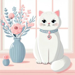 A cat sitting on a window sill next to a vase of flowers art realistic harmony has illustrative meaning illustrator.