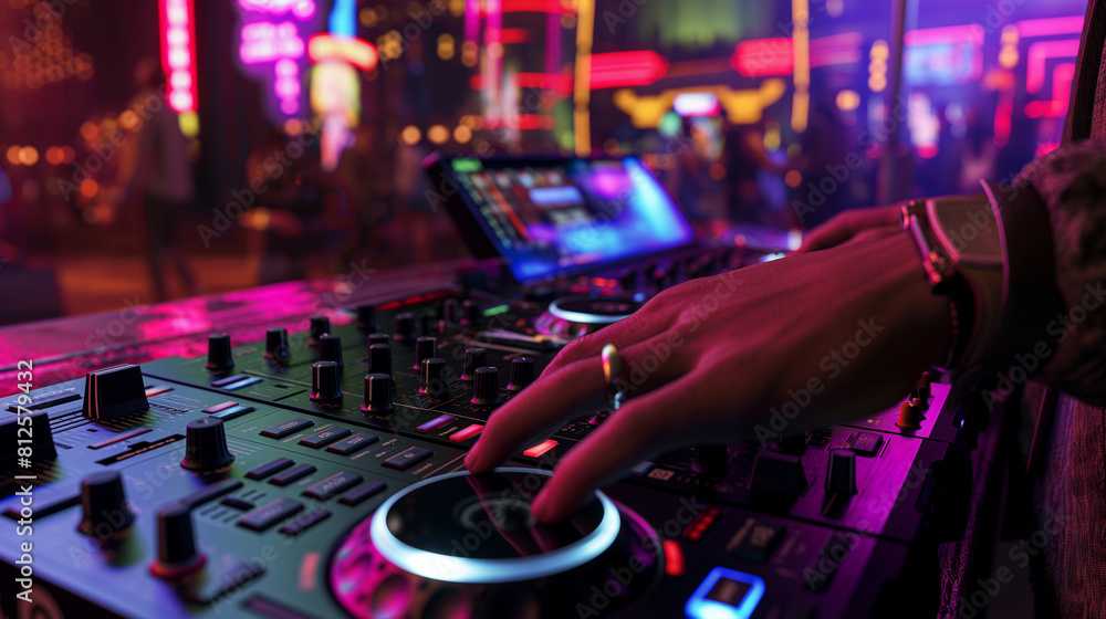 Poster with hands deftly navigating the controls, a dj spins tracks on a professional controller, igniting 