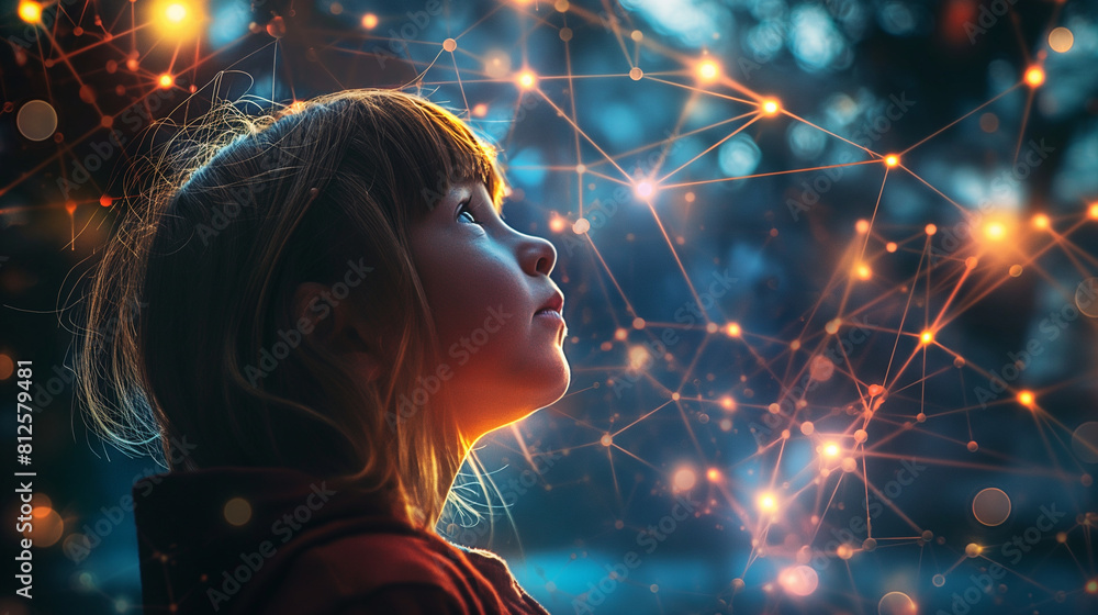 Poster a child gazes in wonder at a mesmerizing network of glowing lines and dots, symbolizing the intercon