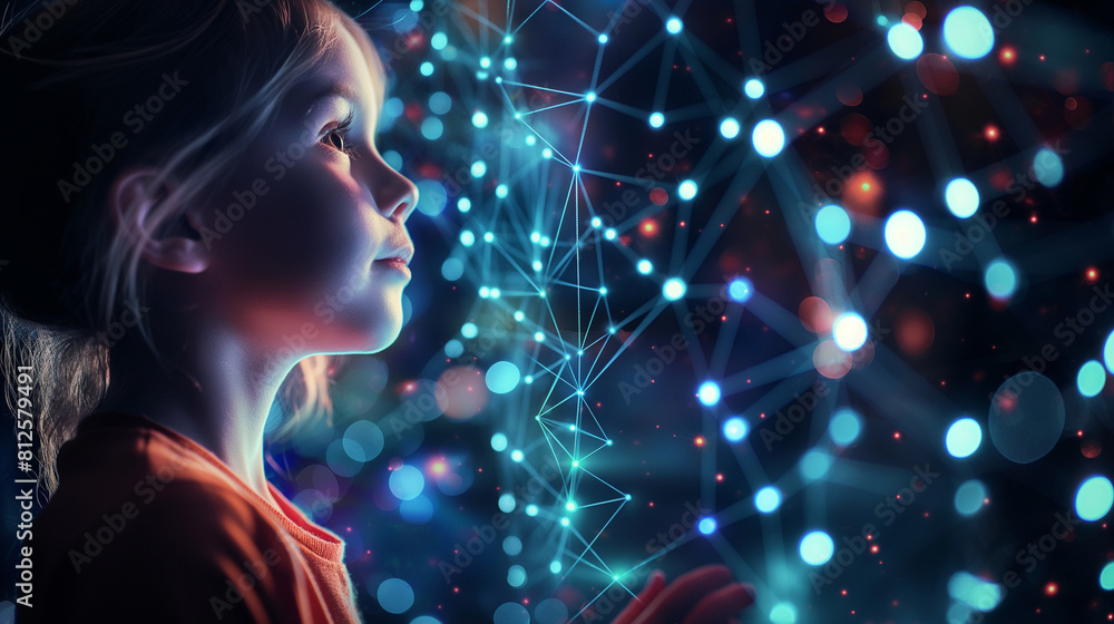 Poster with a sense of wonderment, a child beholds a mesmerizing display of glowing lines and dots, symboli