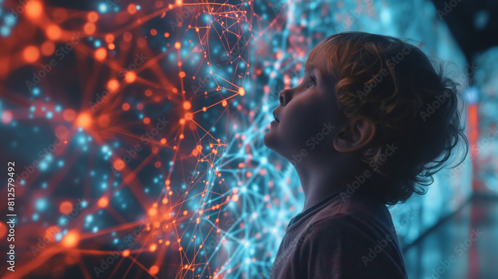 Poster with a sense of wonderment, a child beholds a mesmerizing display of glowing lines and dots, symboli