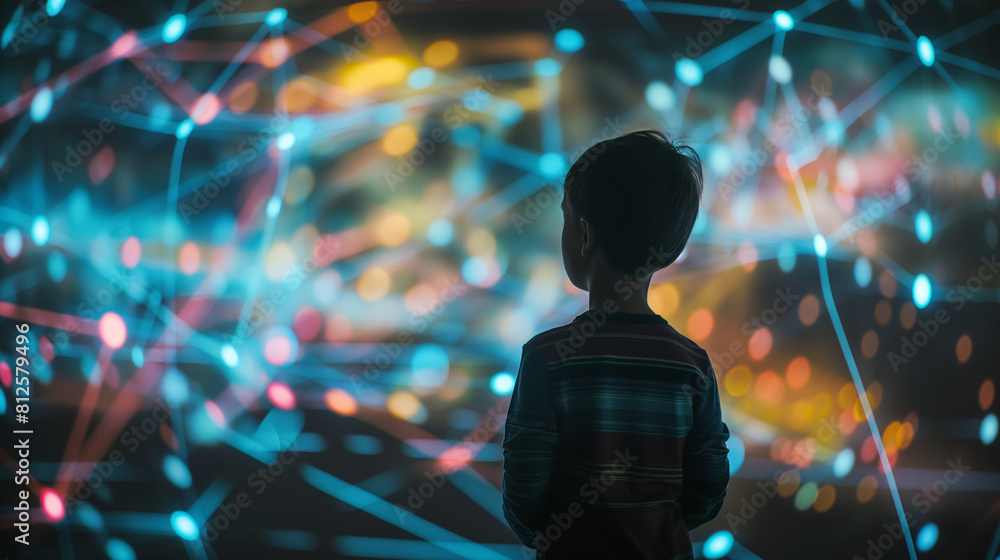Poster against a backdrop of darkness, a child stands captivated by a futuristic display of glowing lines a