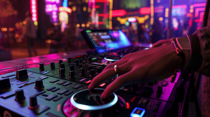 With hands deftly navigating the controls, a DJ spins tracks on a professional controller, igniting...