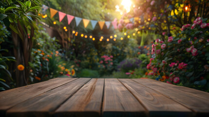 Wooden table with a blurred garden background with festive lights and flowers. Outdoor party setup. Summer celebration and garden party concept. Design for invitation, poster, banner