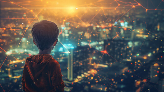 In a world illuminated by the glow of futuristic technology, a child observes with fascination as glowing lines and dots intertwine to form a complex network, offering a glimpse in