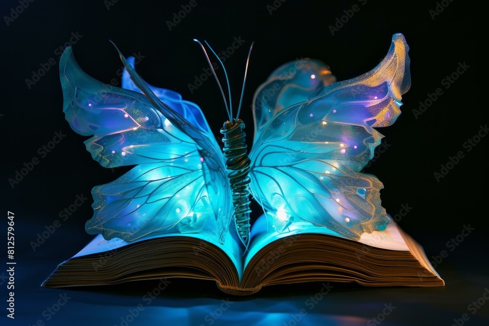 Poster mystical image of a glowing butterfly on an open book against a dark backdrop
