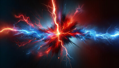 赤と青の雷. バーサス背景. Red and blue lightning. Versus background. AI generated.