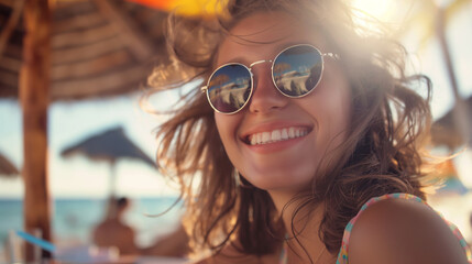 Close-up: Amidst the rhythmic sound of crashing waves, a young woman in sunglasses sits at the beach bar, her smile bright and cheerful as she immerses herself in the coastal ambia