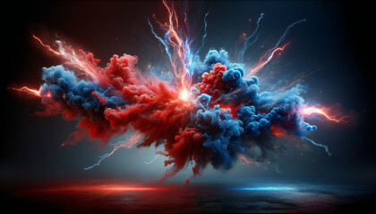 赤と青の雷. バーサス背景. Red and blue lightning. Versus background. AI generated.