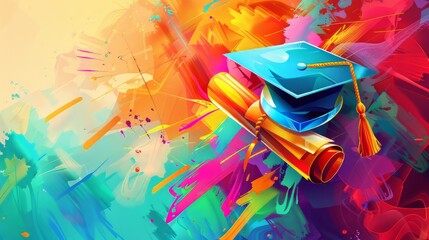 Abstract color background with a graduated cap and diploma illustration