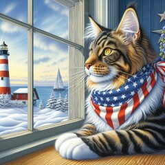 A cat wearing a scarf and sitting in a window photo attractive lively has illustrative meaning illustrator