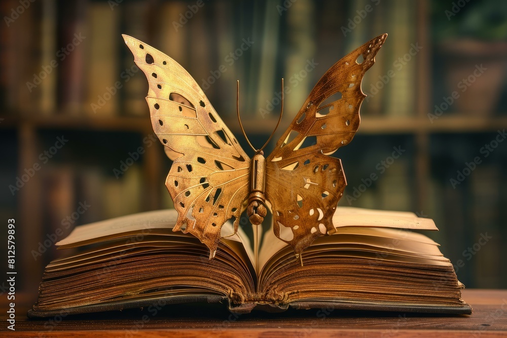 Poster mystical golden butterfly with intricate patterns rests upon an open, aged book in a warm, inviting 