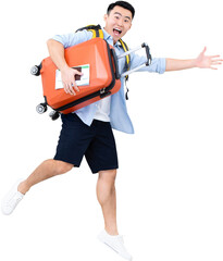 Amazed young Asian tourist man jumping while holding suitcase, boarding pass and passport PNG file...