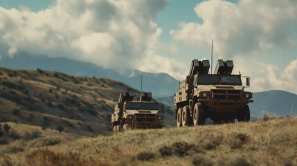 Mobile air defense units traverse the terrain, part of a modern air defense system's flexible and adaptive approach to aerial protection, their agility and versatility allowing the