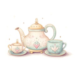 a cute tea set, isolated background, pastel, object, commercial