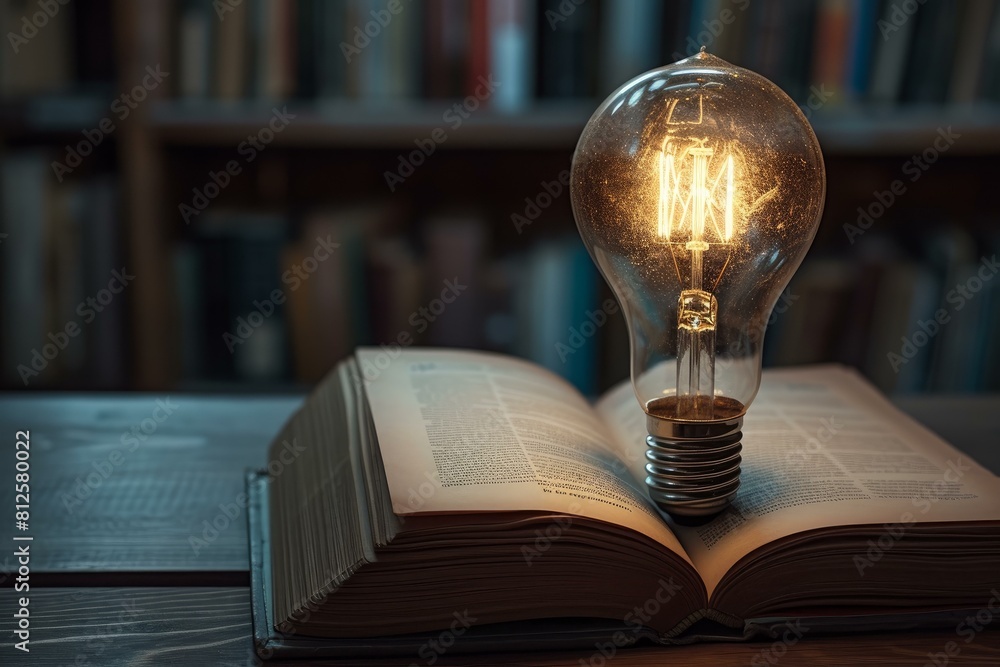 Poster glowing light bulb on an open book in a library, representing ideas and learning
