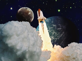 Dark space shuttle launch in the clouds with stars on background.Spaceship flight. Elements of this image furnished by NASA
