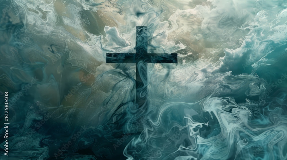 Poster abstract double exposure merging a cross with swirling patterns of mist, suggesting the ever-changin