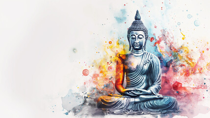 Happy Buddha Purnima, copy space, poster with a statue of a seated Buddha in watercolor style with splashes of paint. Buddha meditating on lotus position.