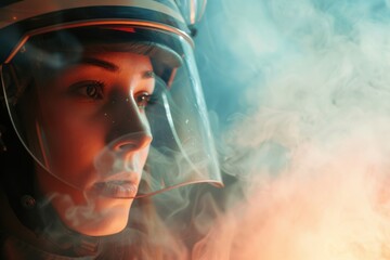 Naklejka premium Pensive female firefighter wearing protective helmet in a smoky environment, conveying readiness