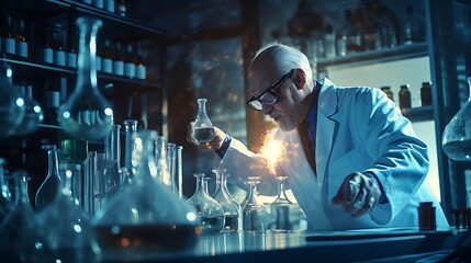A scientist in a white lab coat pouring liquid into a flask, conducting experiments in a chemistry lab.
