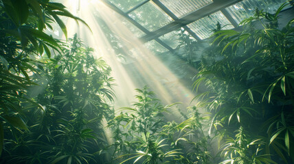 Commercial Cannabis grow in greenhpuse. Rows of plants