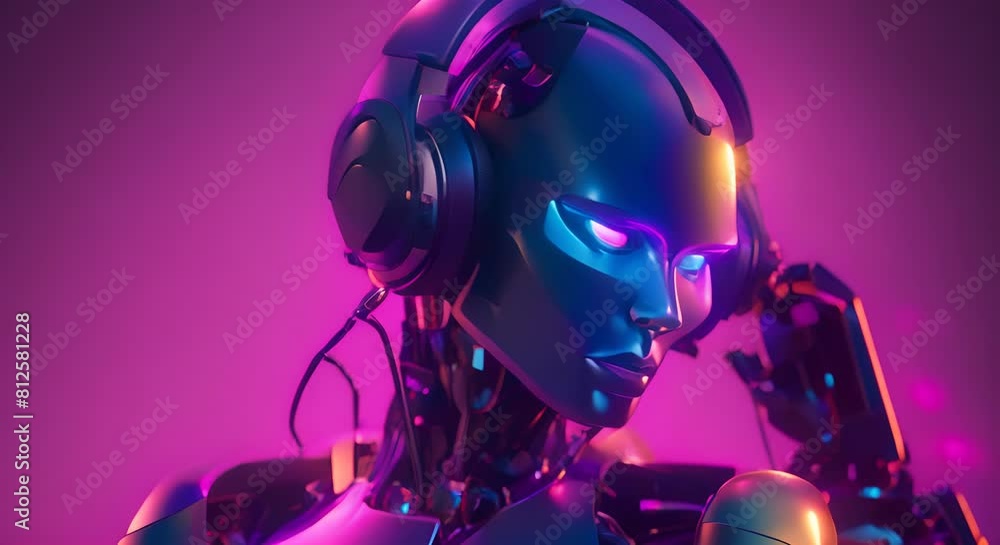 Poster an artificial intelligence robot with headphones and colorful glowing elements on a dark background