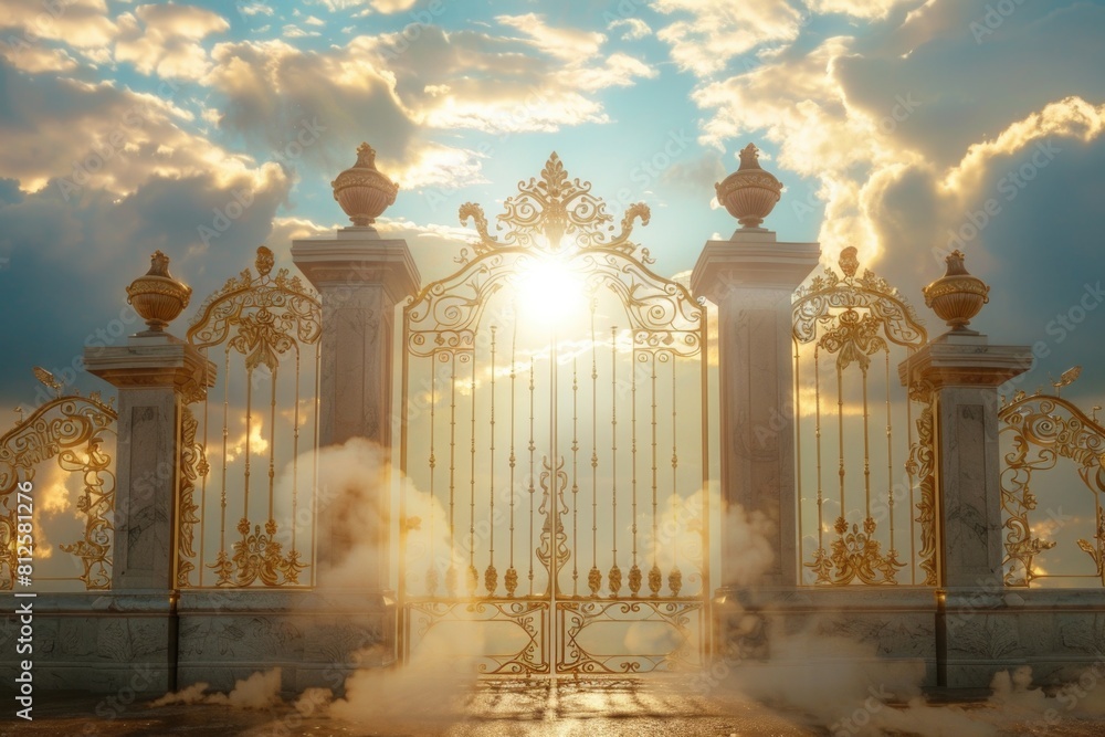 Poster a majestic golden gate with fluffy clouds in the background. ideal for travel and architecture conce
